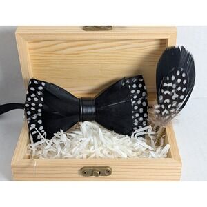 Luxury Feather Bow Tie Set – Black & White Polka Dot – Wooden Gift Box